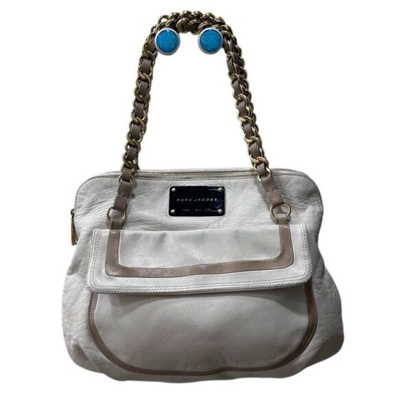 Marc Jacobs Olga Seventies Satchel Bag Women's Ivory Tan Leather Chain Strap - Picture 2 of 14